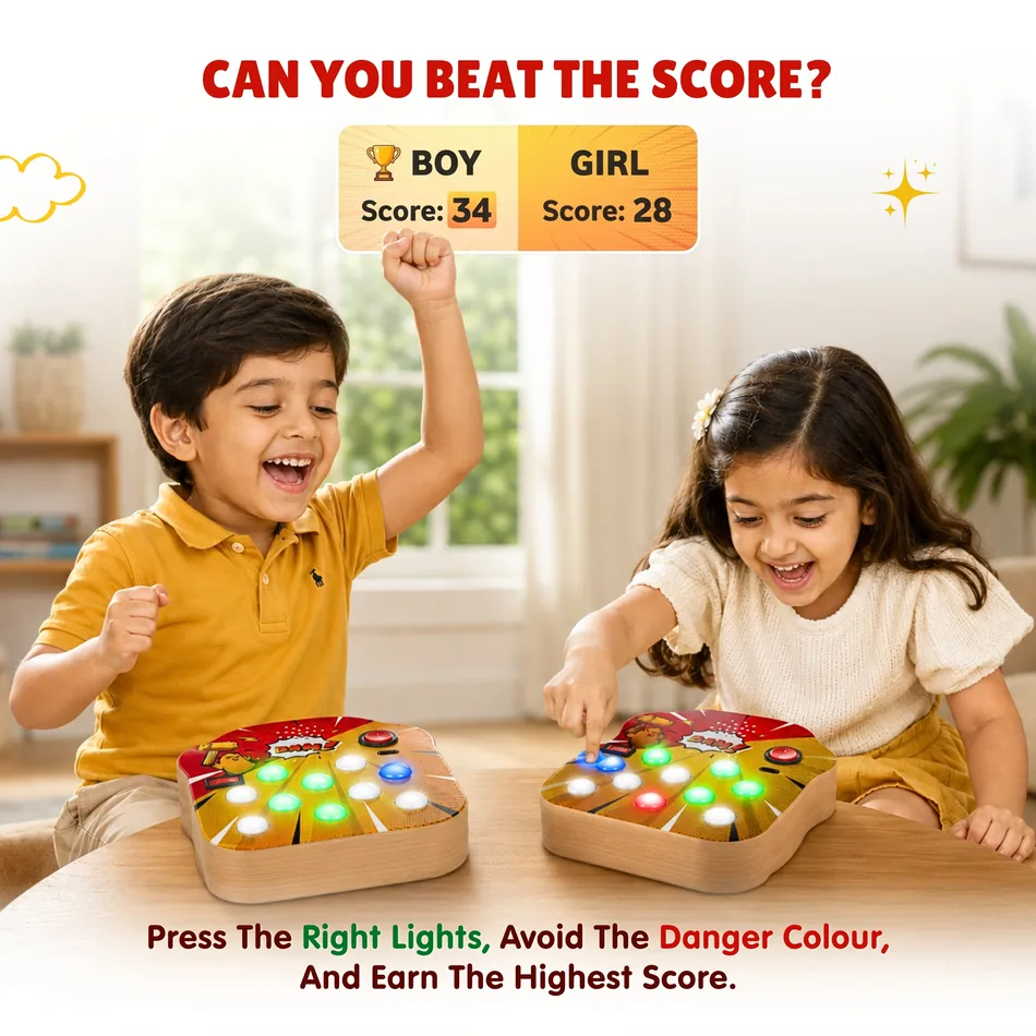 Two children competing head to head on the Dodge The Red Light, comparing scores