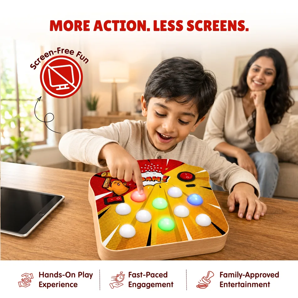 A child playing the Dodge The Red Light at home while the tablet sits ignored, mum smiling in the background