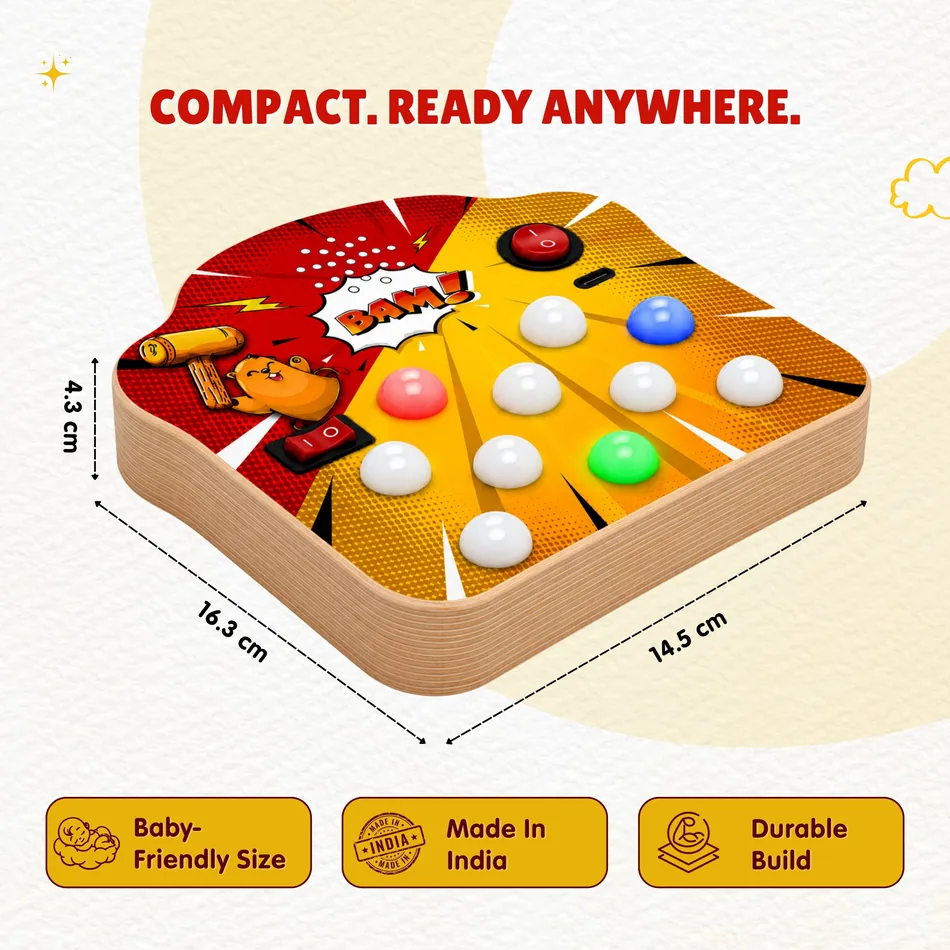 Dodge The Red Light dimensions · 16.3 cm by 14.5 cm by 4.3 cm, baby-friendly size, made in India, durable build