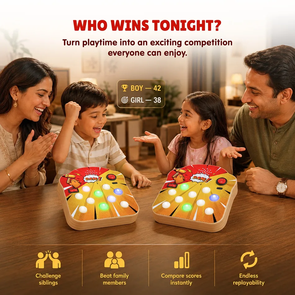 A whole family gathered around two Dodge The Red Lights comparing scores at night